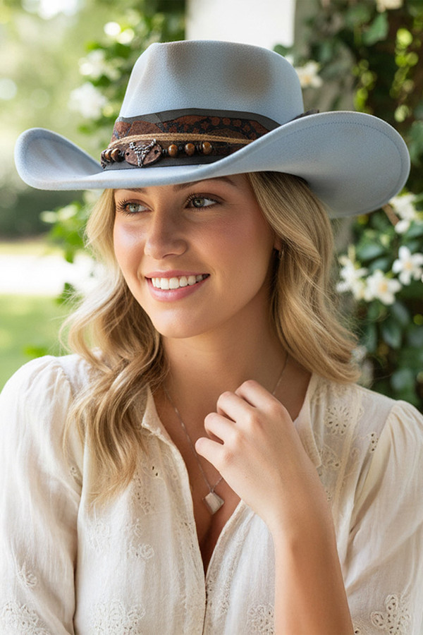 Rustic Vintage Style Cowgirl Cowboy Fedora Hat with Distressed Fabric, Beads and Feather
