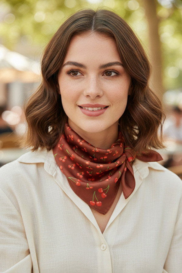 Cherry Pattern Print Light Weight Silky All Season Bandana Scarf
