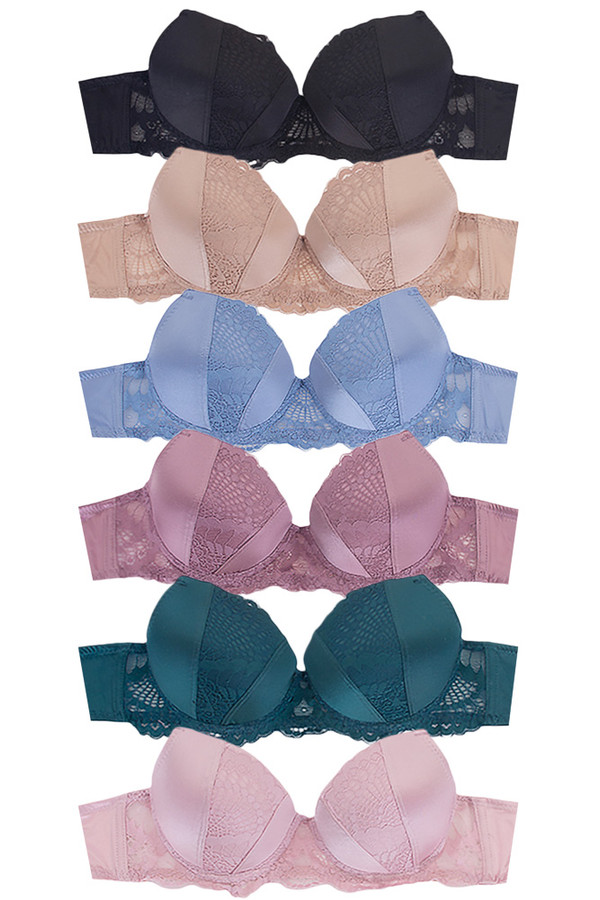 Solid Color Lace Trim Satin Full Cup Push Up Bra