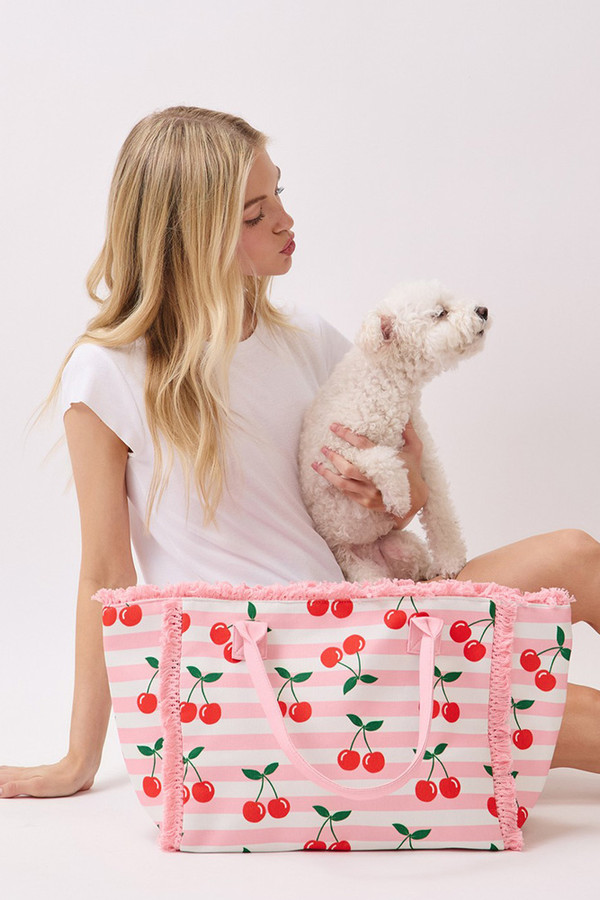 Cherry with Stripe Pattern Fringe Medium Tote Bag
