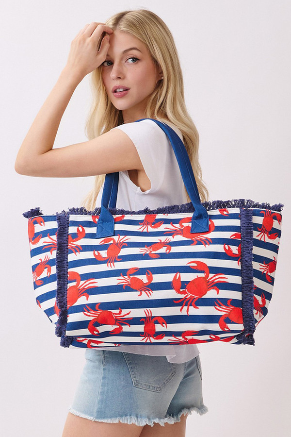 Crab with Stripe Pattern Fringe Medium Tote Bag
