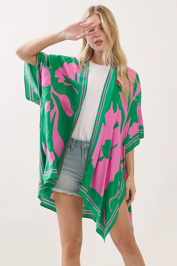 Abstract Big Flower Print Kimono Cover Up
