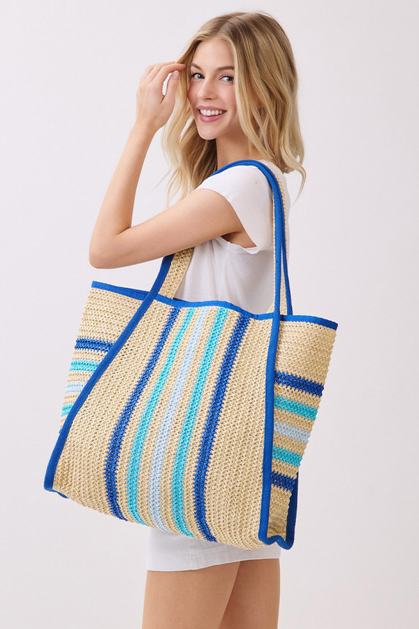 Multi Color Stripe Pattern Natural Straw Tote Bag
