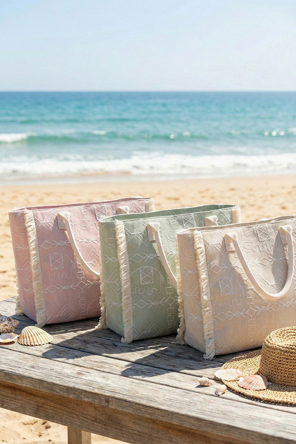 Boho Pattern Geometric and Elephant Print with Fringe Tote Bag
