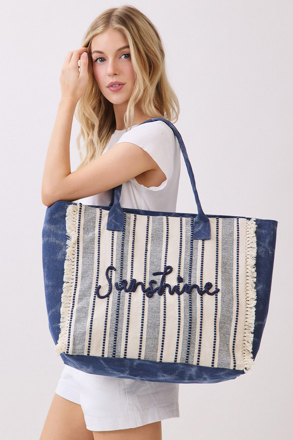 Vintage SUNSHINE Letter with Stripe Pattern and Fringe Tote Bag
