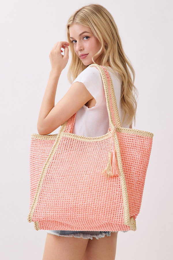 Two Tone Woven Straw with Tassel Tote Bag
