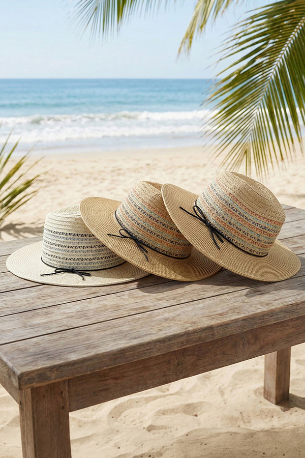 Multicolor Woven Straw with Ribbon Band Fedora Sun Hat
