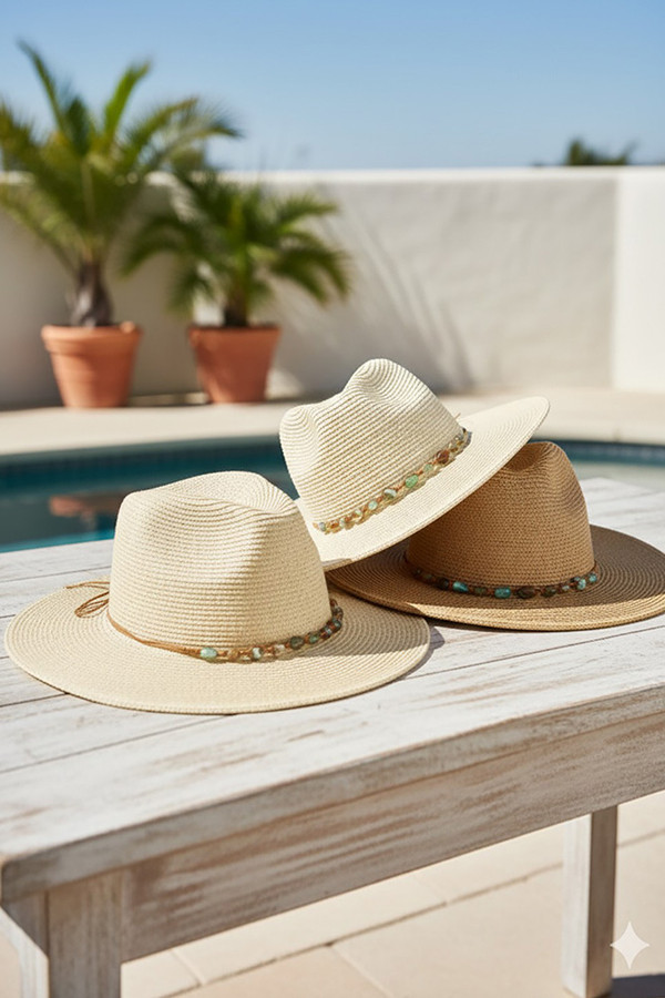 Turquoise Stone Band Summer Straw Fedora Sun Hat
