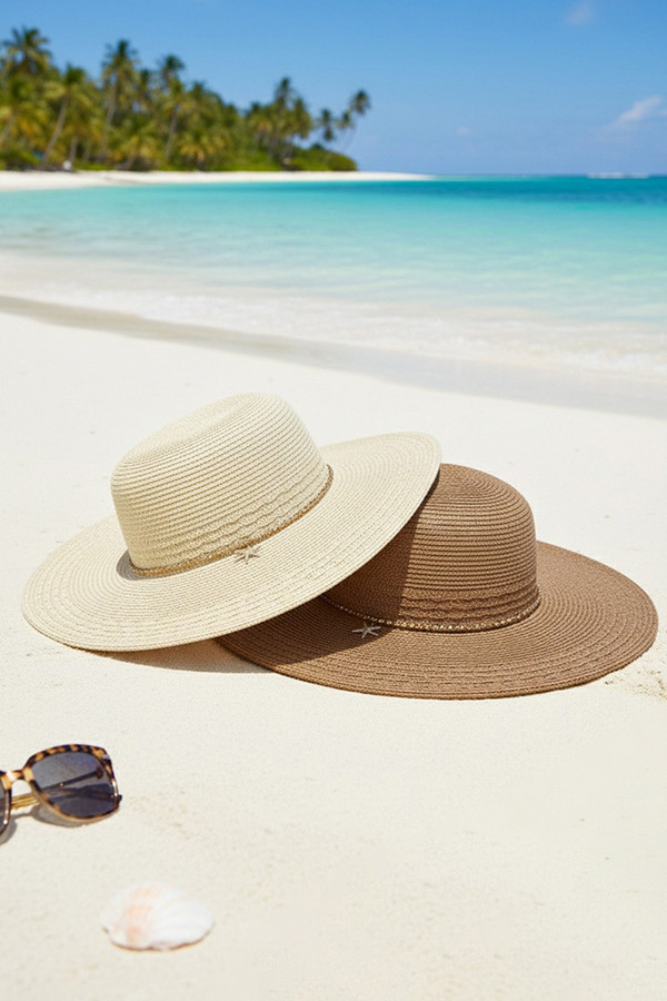 Starfish Charm and Beaded Band Wide Brim Summer Straw Sun Hat
