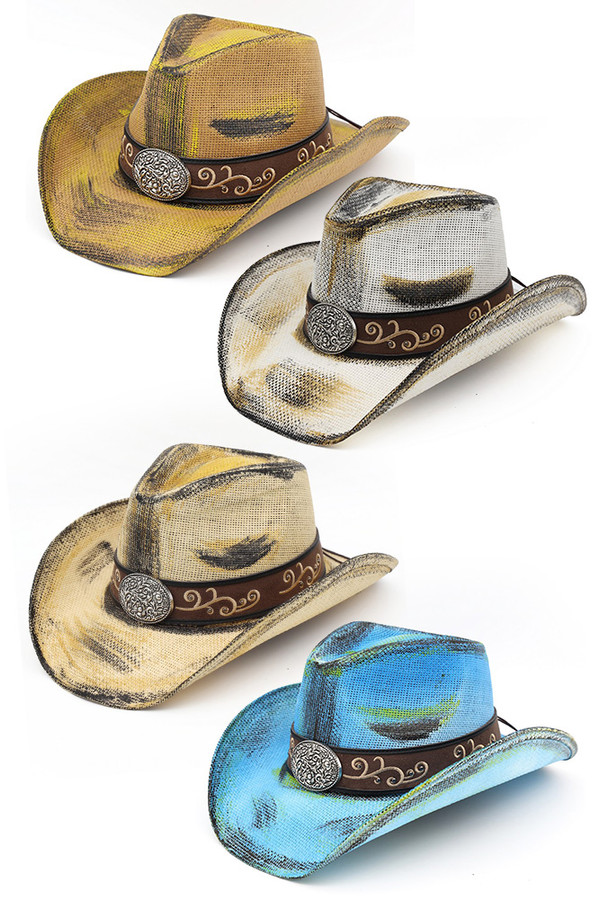 Ornate Oval Buckle Faux Leather Band Antique Wash Cowboy Hat Cowgirl Hat