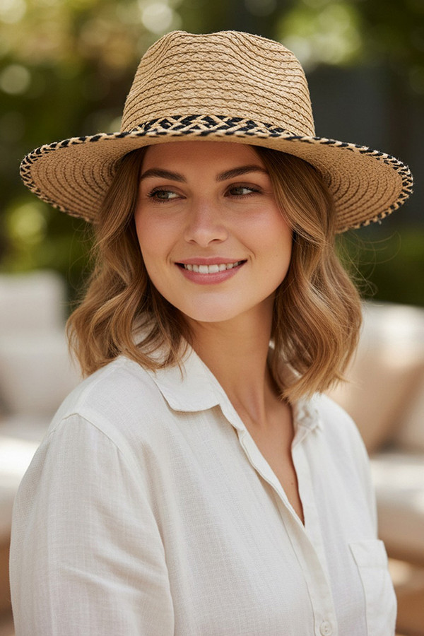 Two Tones Geometric Pattern Band with Matching Brim Trim Straw Fedora Sun Hat