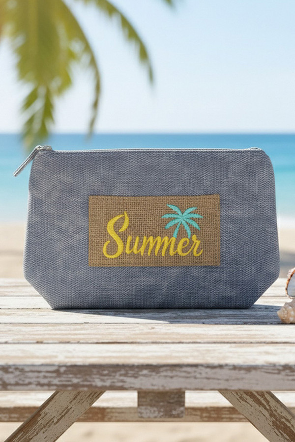 SUMMER Letter Palm Tree Patch Vintage Cosmetic Pouch