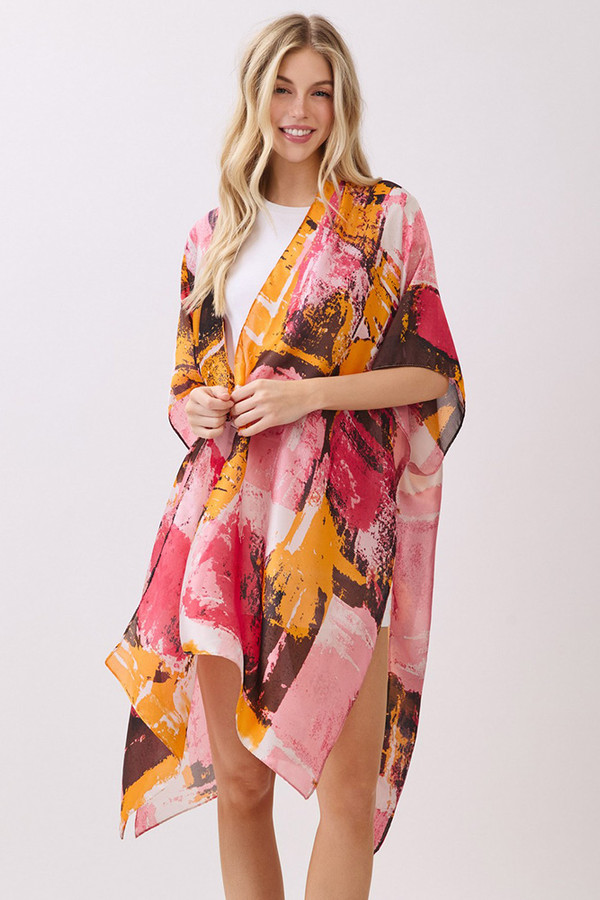 Abstract Modern Art-Inspired Print Silky Feel Kimono Cover Up