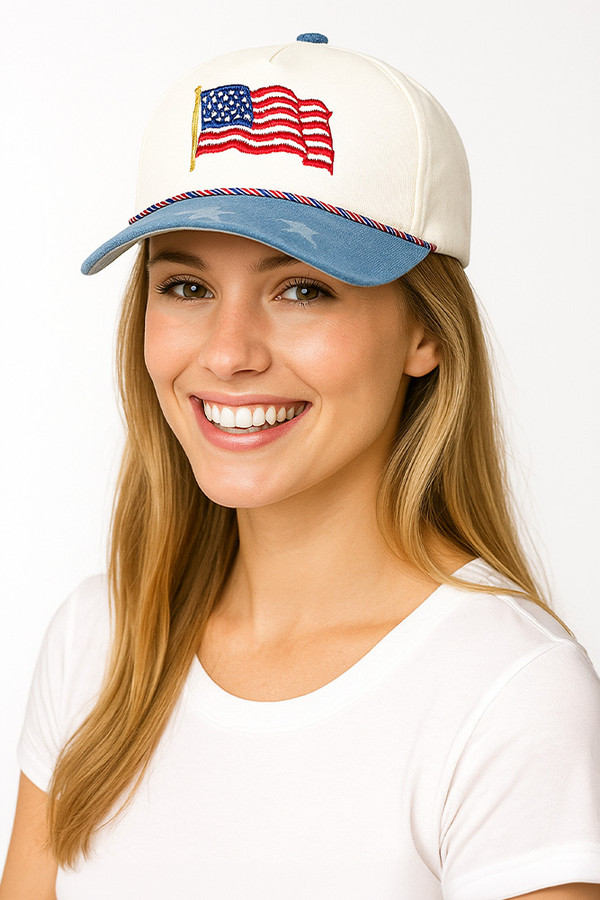 American Flag with Flag Theme Color Rope and Stars Pattern on Brim Baseball Cap
