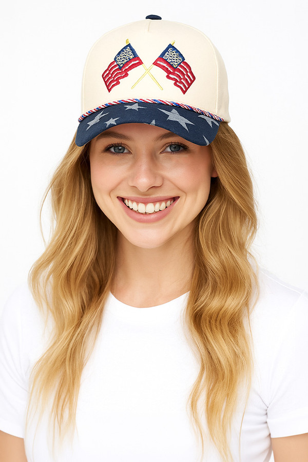 Two American Flag with Flag Theme Color Rope and Stars Pattern on Brim Baseball Cap
