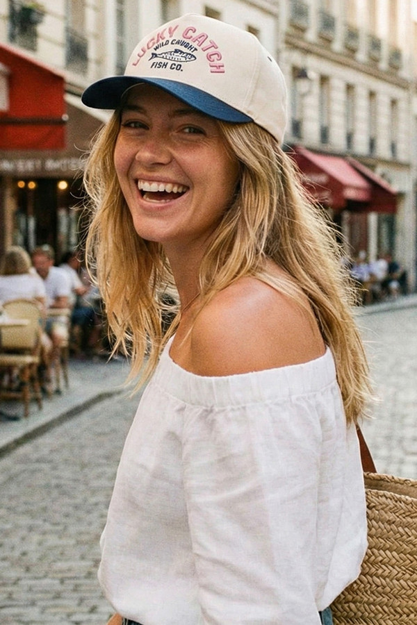 CC BEANIE LUCKY CATCH Embroidered Letter on Two Tone Baseball Cap Trucker Hat
