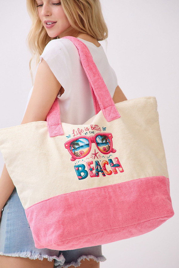 LIFE IS BETTER AT THE BEACH Multi Color letter and Sunglasses Terry Tote Bag
