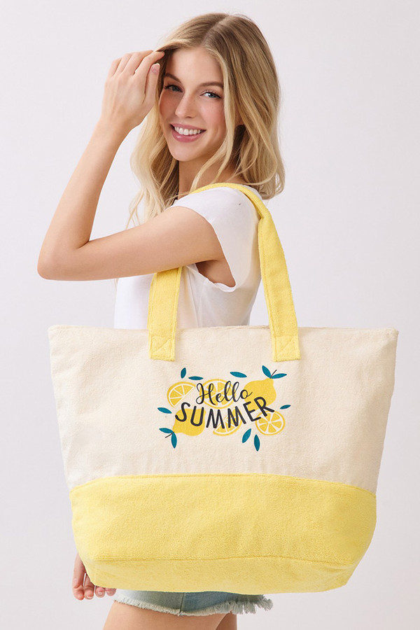 HELLO SUMMER letter and Lemons Print Terry Tote Bag
