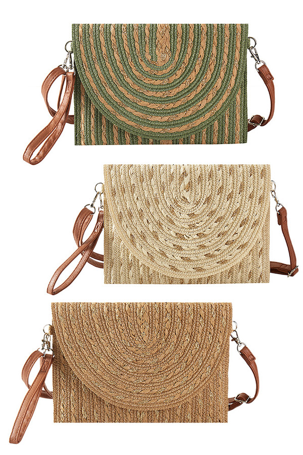 Gold Threads Mixed Striped Pattern Straw Clutch Crossbody Bag
