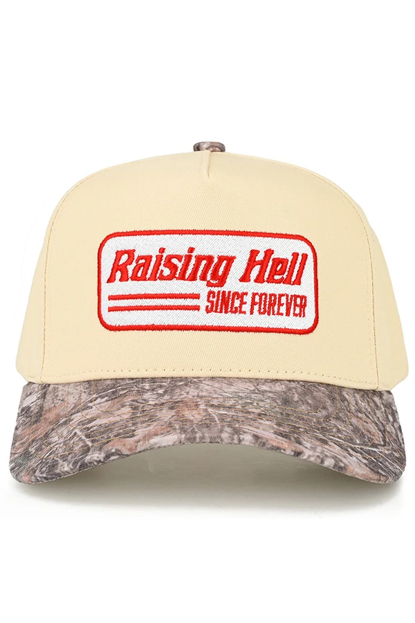 CC BEANIE RAISING HELL SINCE FOREVER Letter Embroidered on Two Tone Baseball Cap Trucker Hat