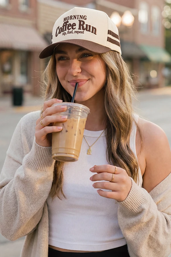 CC BEANIE MORNING COFFEE RUN Letter Embroidered with Bold Striped on Two Tone Baseball Cap Trucker Hat