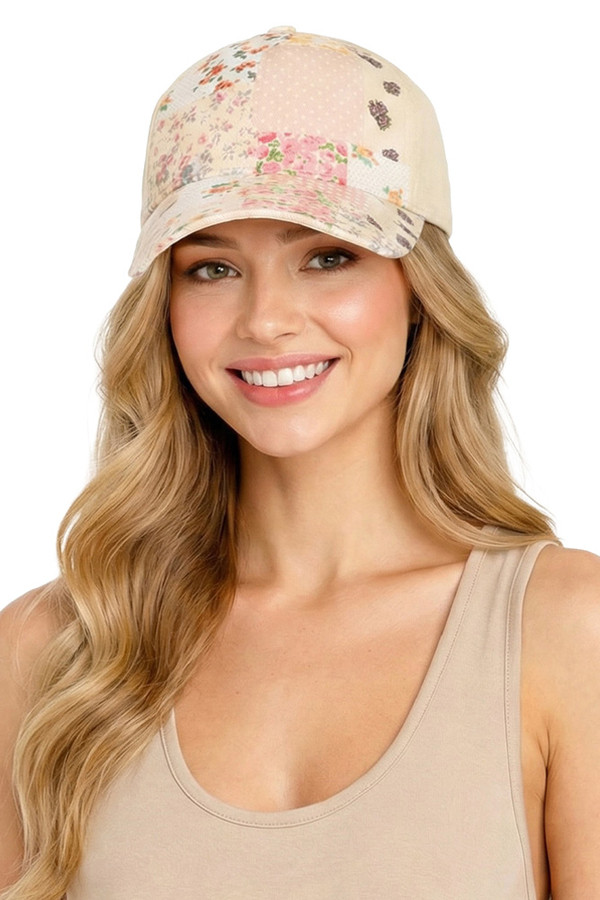 CC BEANIE Floral Pattern with Patchwork Criss-Cross Back Ponytail Trucker Hat Baseball Cap