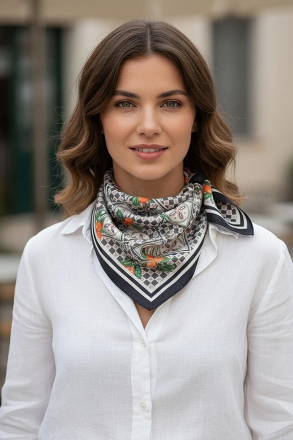 Mediterranean Mosaic Pattern with Fruits Print Light Weight Silky All Season Bandana Scarf