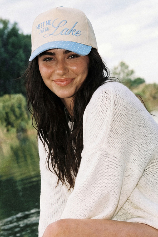 CC BEANIE MEET ME AT THE LAKE Letter with Polka Dots Pattern Brim Two Tone Baseball Cap Trucker Hat