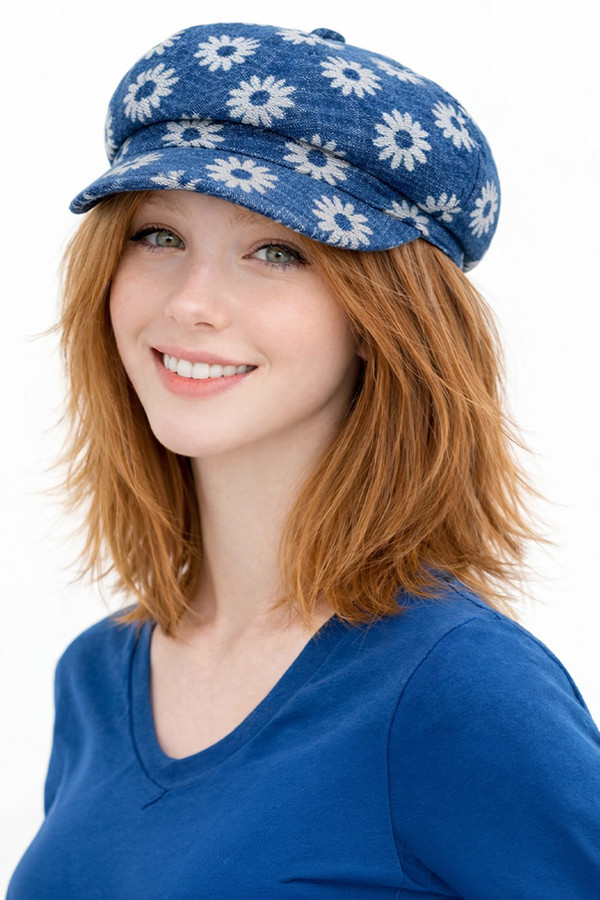 CC BEANIE Flower Pattern Denim Newsboy Cap