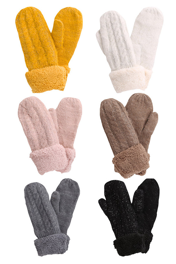 Fleece Cuff Lurex Knit Mittens Winter Gloves