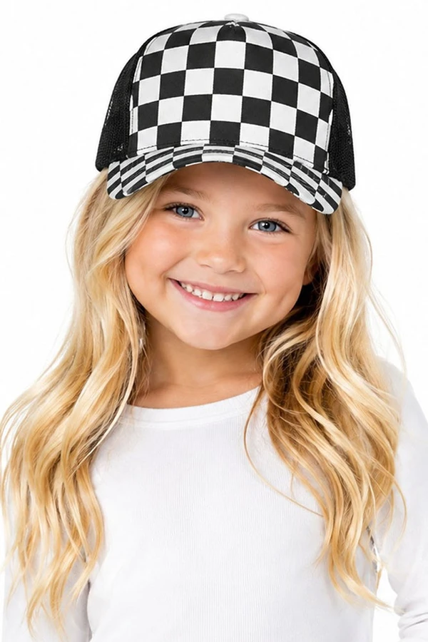 CC BEANIE Kids Junior Checkered Pattern Mesh Back Trucker Hat
