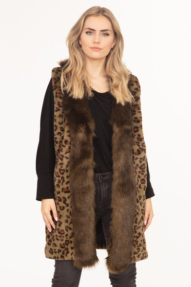LEOPARD FAUX FUR TRIM VEST-MS0198-OLIVE - HANA WHOLESALE