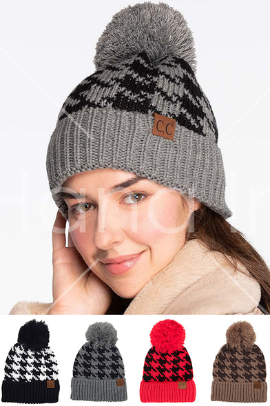 C.C HOUNDSTOOTH KNIT BEANIE WITH POM-YJ-2025 - HANA WHOLESALE