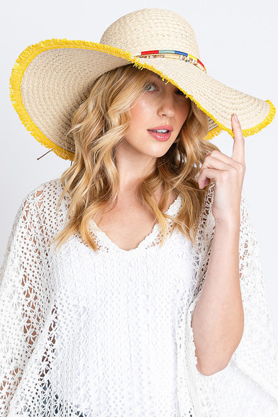 Multi Band Colored Frayed Floppy Straw Hat-MH0156 - HANA WHOLESALE