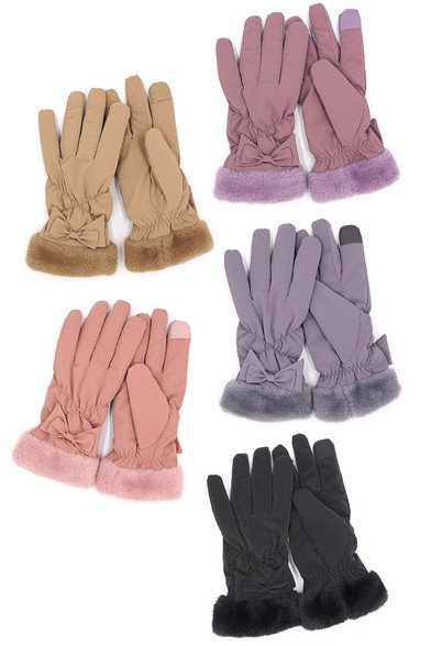 Bow and Faux Fur Cuff Fleece Smart Touch Gloves-MG0076 - HANA