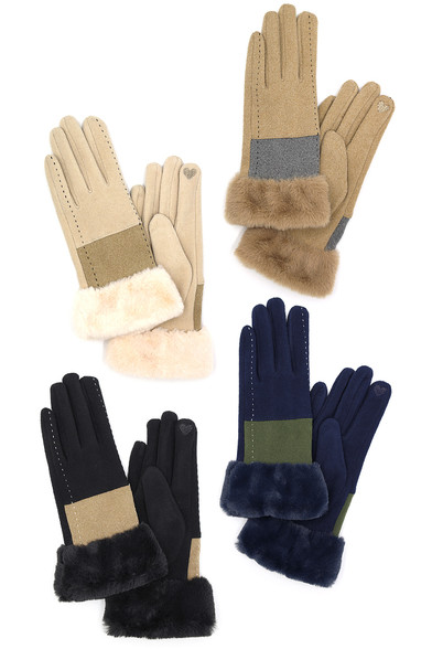Two Tone and Stitch Lines Faux Fur Gloves-MG0079 - HANA WHOLESALE