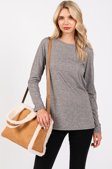 Fleece Trimmed Solid Tote And Crossbody Bag
