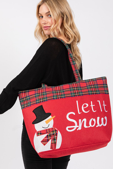 holiday ONLINE LIMITED CHECK TOTE BAG 新品 LET IT SNOW Snowman Christmas Holiday Tote Bag-MB0262 - HANA WHOLESALE