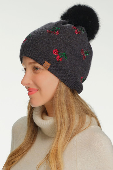 C.C Rhinestone Cherry Pattern Pom Beanie Hat-HTE0170 - HANA WHOLESALE