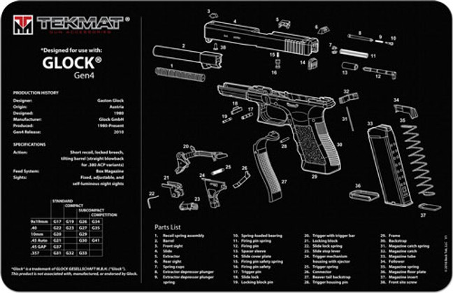 Tekmat Armorers Bench Mat - 11"x17" For Glock G4 Black