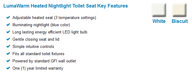 Brondell LumaWarm Heated Nightlight Toilet Seat Elongated White