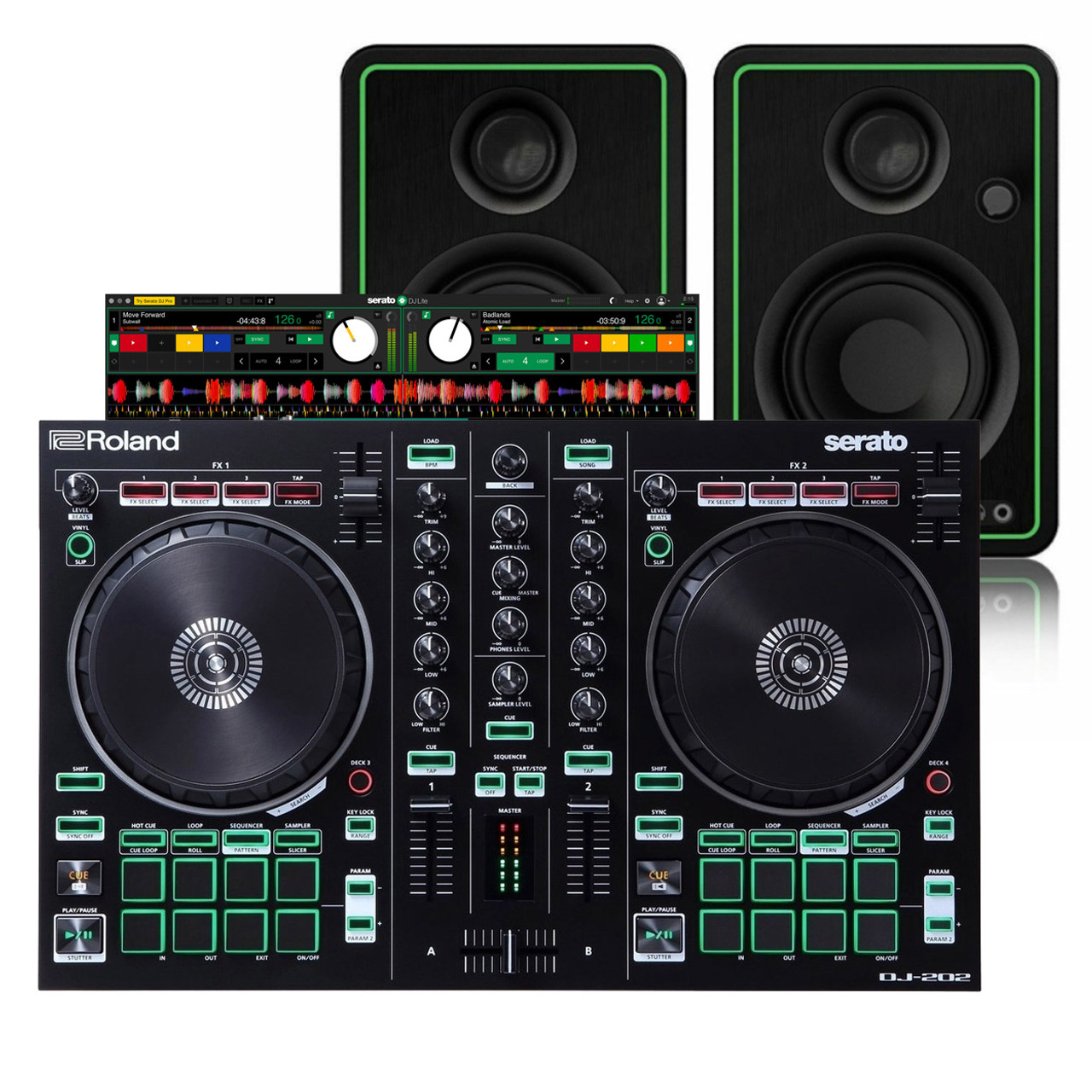 Roland DJ-202 with Serato DJ Lite and Mackie CR3-X (Pair)