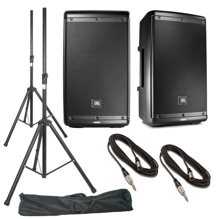 JBL EON610 (Pair) with Speaker Stands, Stand Bag and 12m Cables