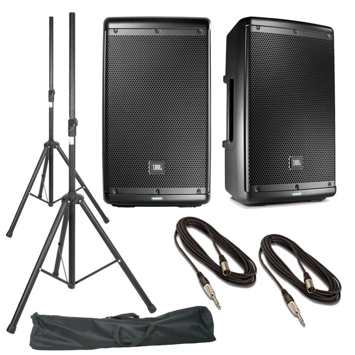 JBL EON612 (Pair) with Speaker Stands, Stand Bag and 12m Cables