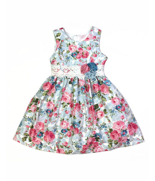 Pink & Patel Blue Floral Print Dress, Little Girls