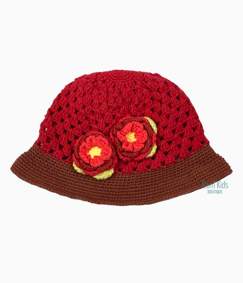 Red/Brown Flower Knit Hat, Baby/Toddler Girls