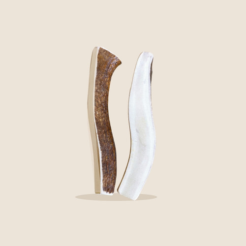 2-Pack Medium Split Moose Antler Dog Chews on a beige background