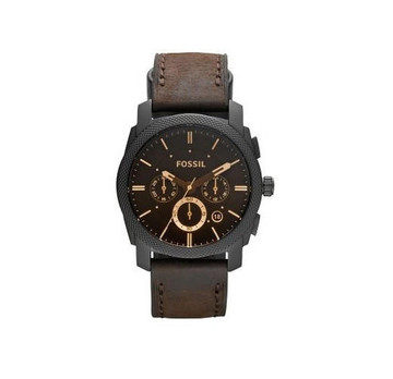 Fossil Watch Machine Mid-Size Case Black Case Brown Leather Strap