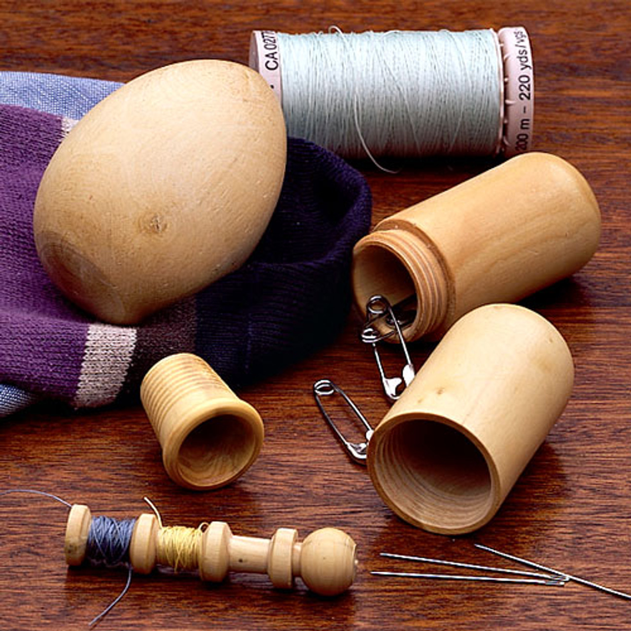 ANTIQUE TURNED WOOD DARNING KIT EGG W/SPOOL INSIDE STAMPED