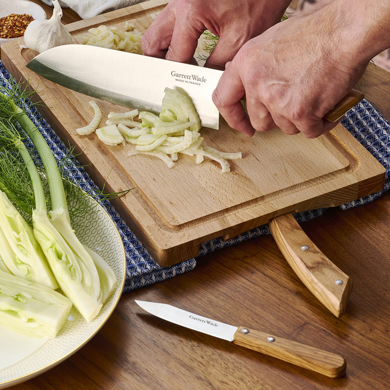 Three Olivewood-Handled Knives & Cutting Board